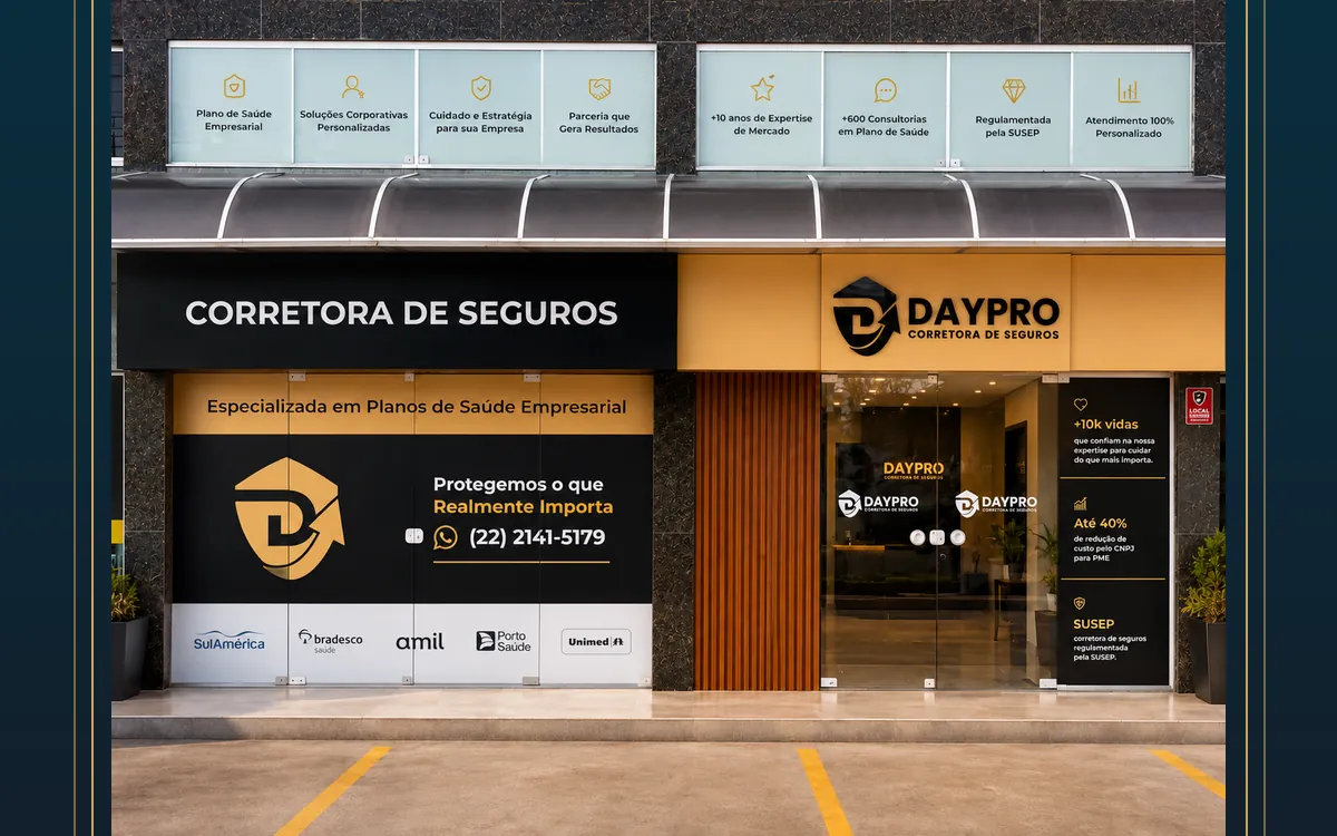 Imagem ilustrativa da frente completa das duas lojas Daypro lado a lado em Macaé, com letreiros, vitrine e entrada