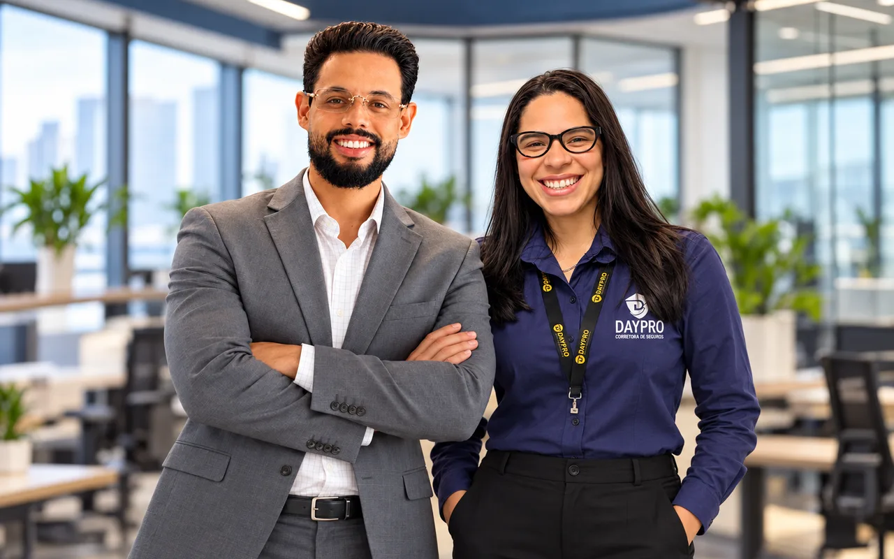 Retrato corporativo ilustrativo da Daypro: duas pessoas sorrindo em um escritório moderno